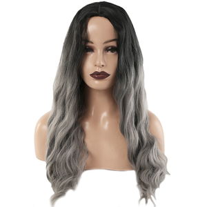 Kanekalon Fiber Synthetic Long Water Wavy Look Wig / Black Gray Ombré