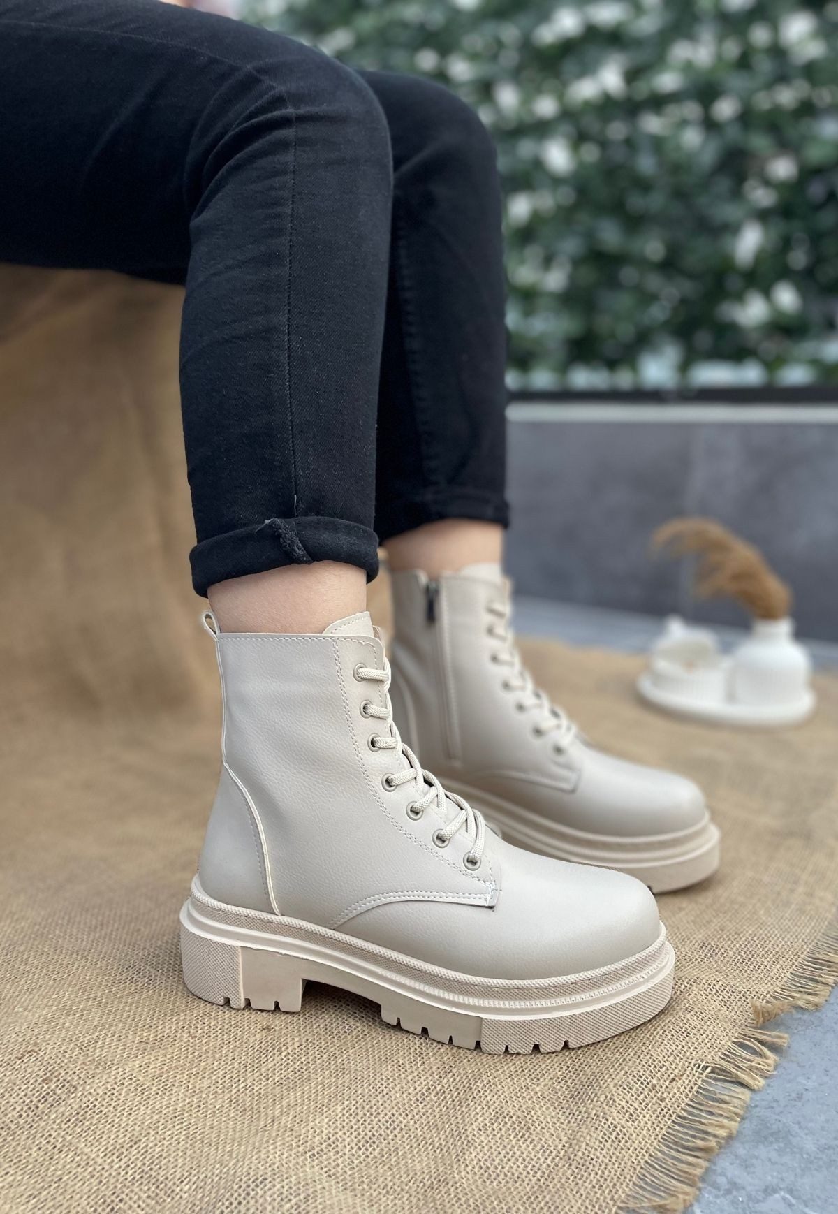 Beige Skin Lace-up Boots