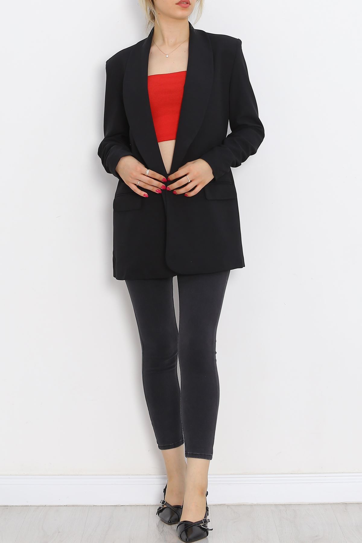 Sleeve Shirred Blazer Jacket Black