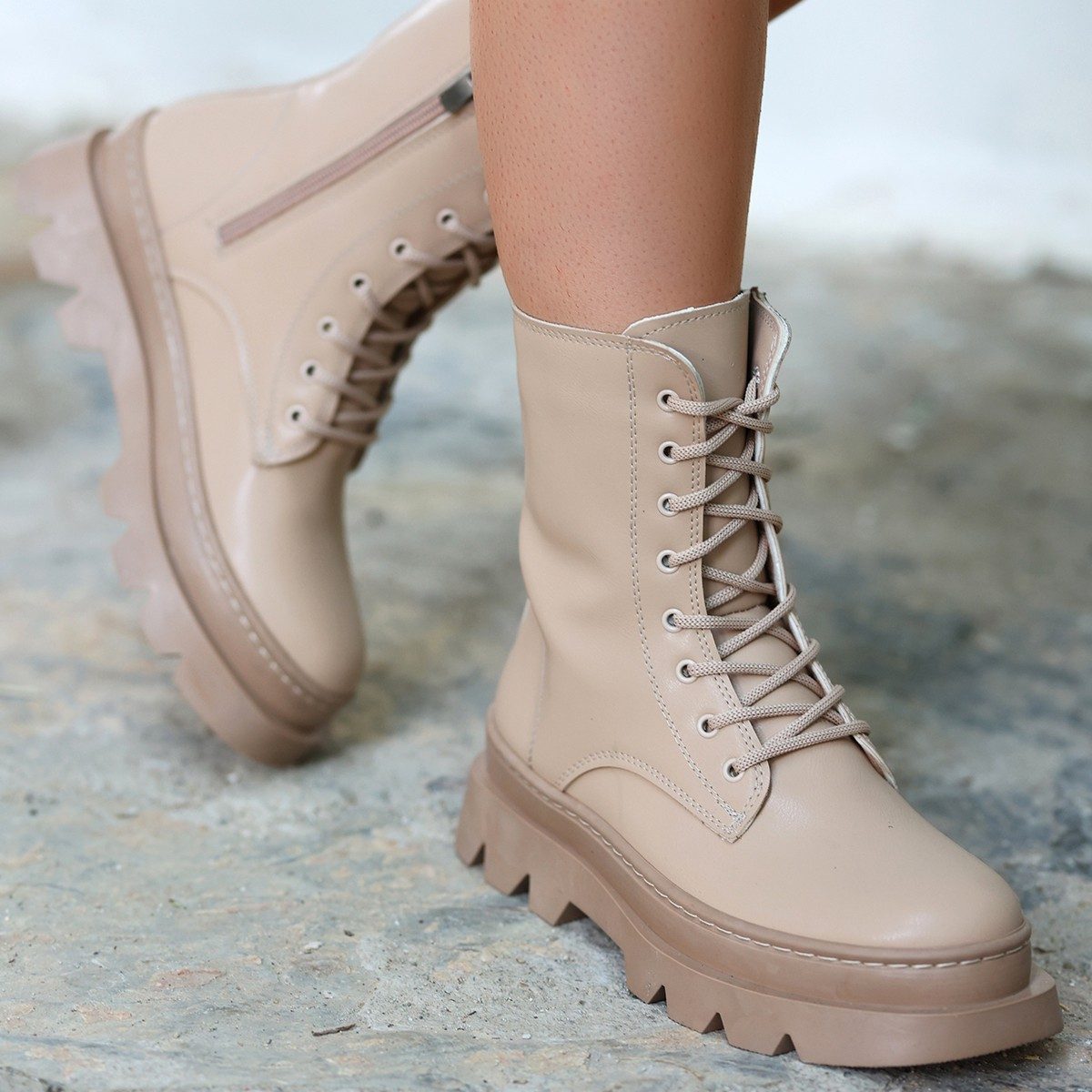 Nude Skin Lace-up Boots