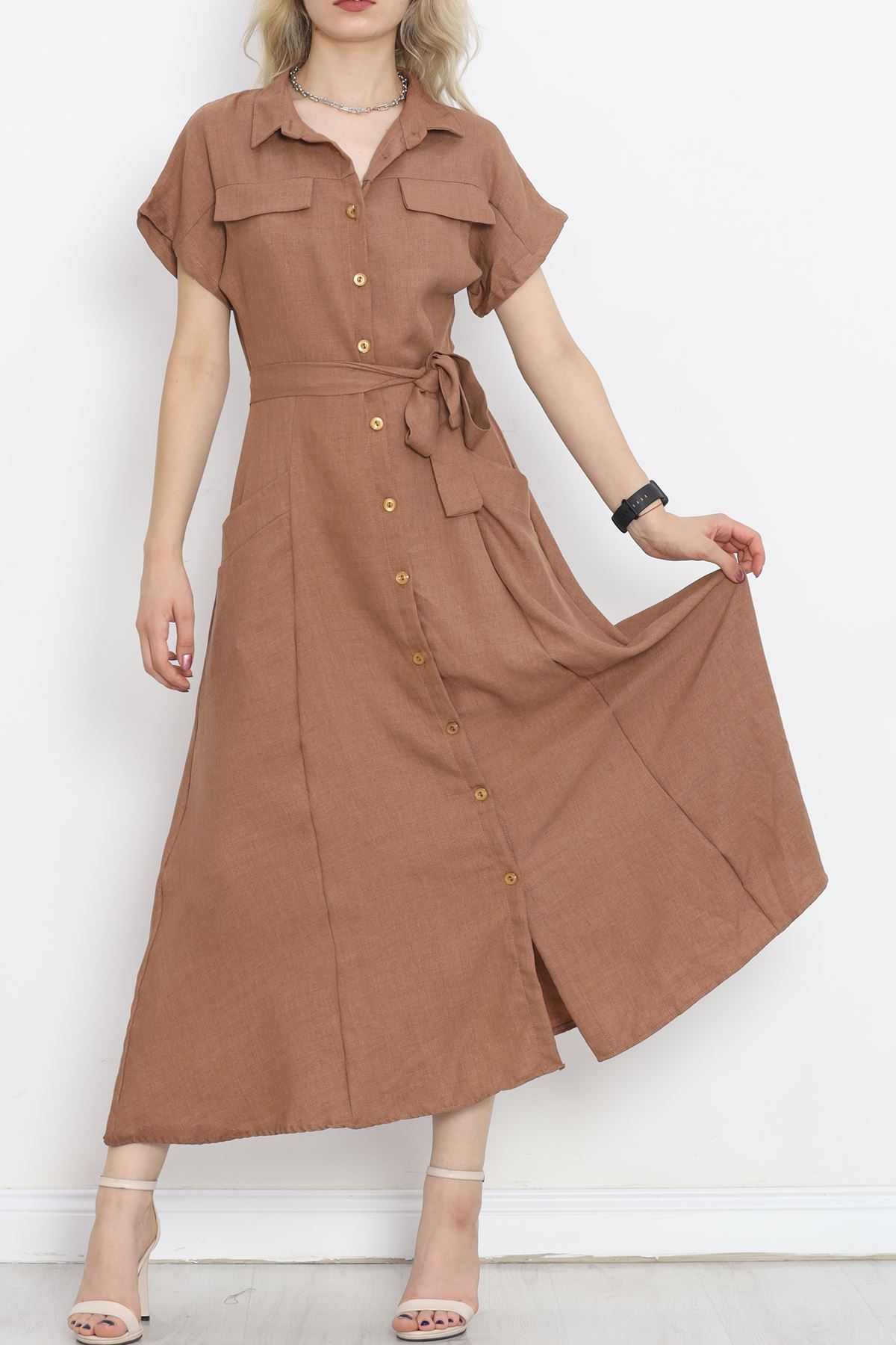 Pocket Detail Belted Dress Coffee