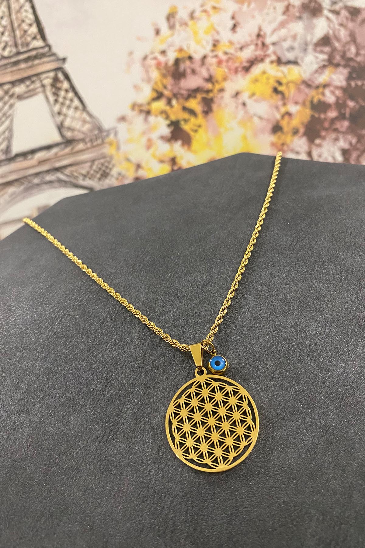 Gold Plated Thick Chain Evil Eye Beads Steel Tree of Life Necklace 40 cm