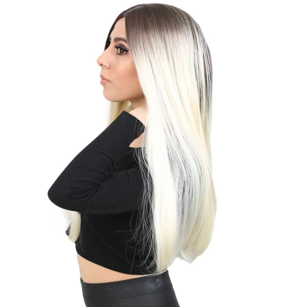 Kanekalon Fiber Synthetic Long Straight Wig / Ashy Light Brown / Platinum Ombré