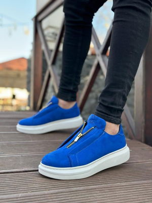 Thick Suede High Sole Blue Men's Shoes with Zipper