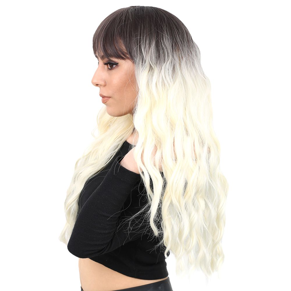 Kanekalon Fiber Synthetic Wig / Ashy Black / Platinum Ombré Long Water Wavy Look with Special Bangs