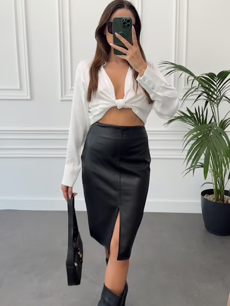 Women's High Waist Front Slit Zippered Leather Skirt - Black