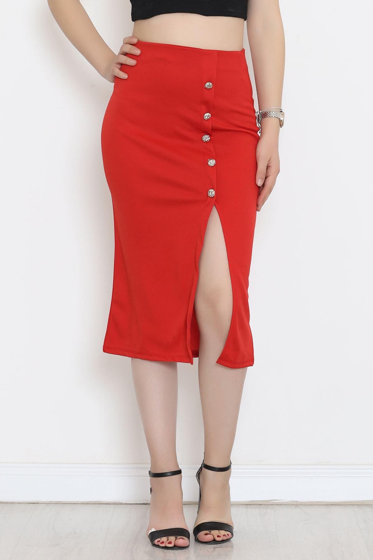 Buttoned Slit Skirt Red