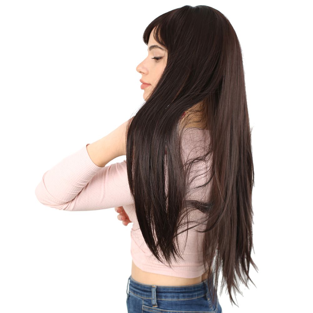 Kanekalon Fiber Synthetic Long Straight Bangs Wig / Dark Brown