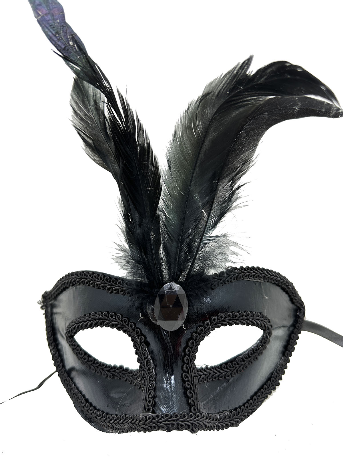 Black Color Patent Leather Coating Red Feather Party Mask 18x20 cm