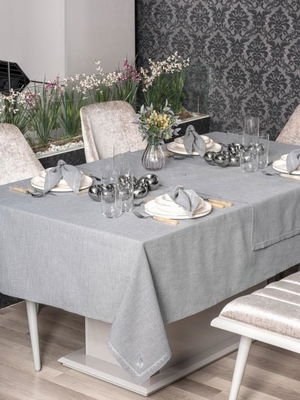 Gray 8 Piece Linen Tablecloth