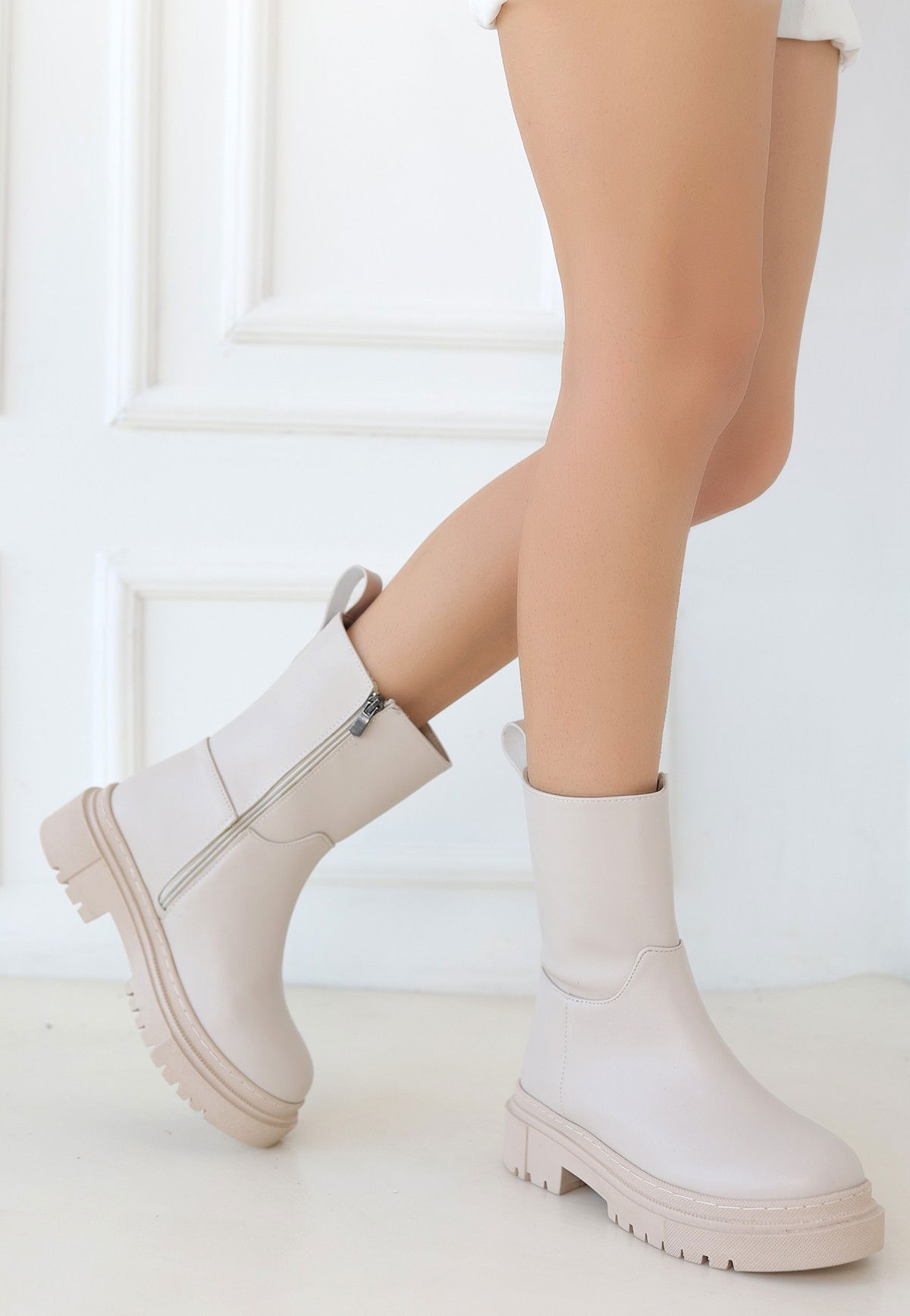 Beige Skin Heeled Boots