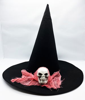 Black Color Pink Veiled Skull Themed Witch Hat 35x38 cm