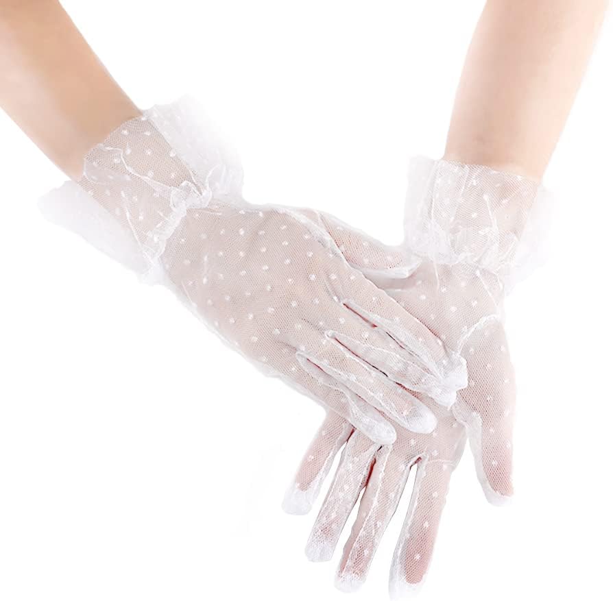 Short Length Guipure White Polka Dot Tulle Gloves White Color