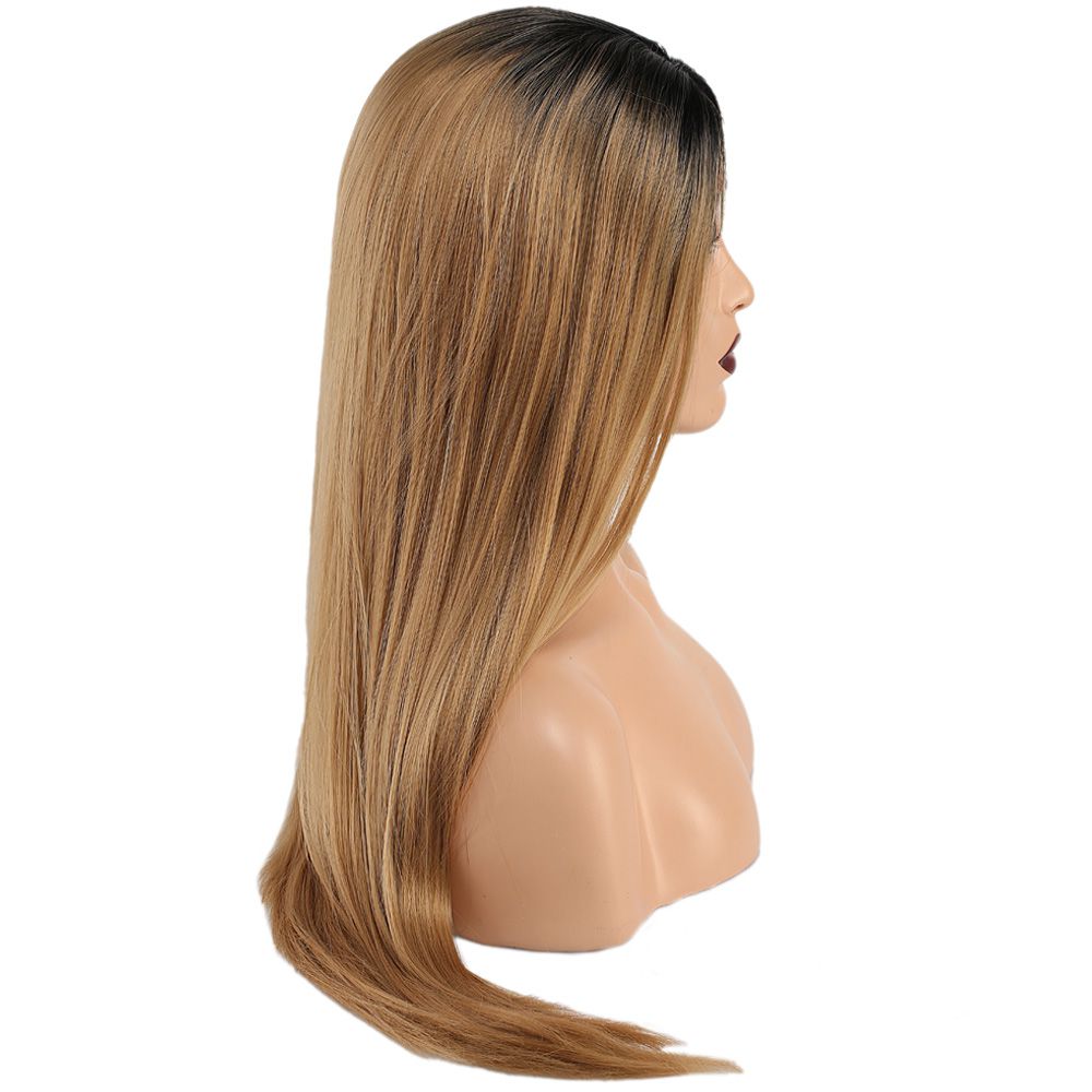 Kanekalon Fiber Synthetic Straight Long Tulle Wig / Black Caramel Long Ombré