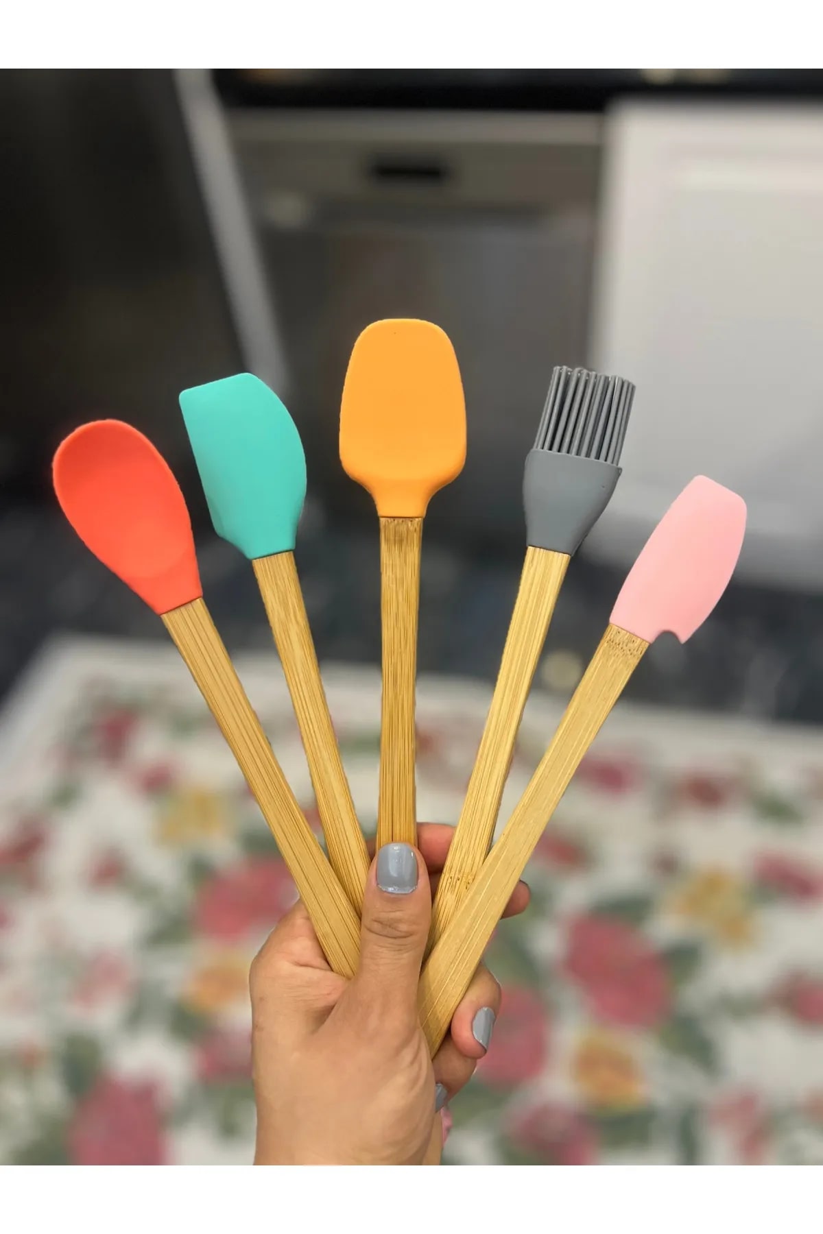 5-Piece Colorful Wooden Handle Silicone Tipped Spatula Spoon Set with Brush -Dish Prep Set 21 Cm