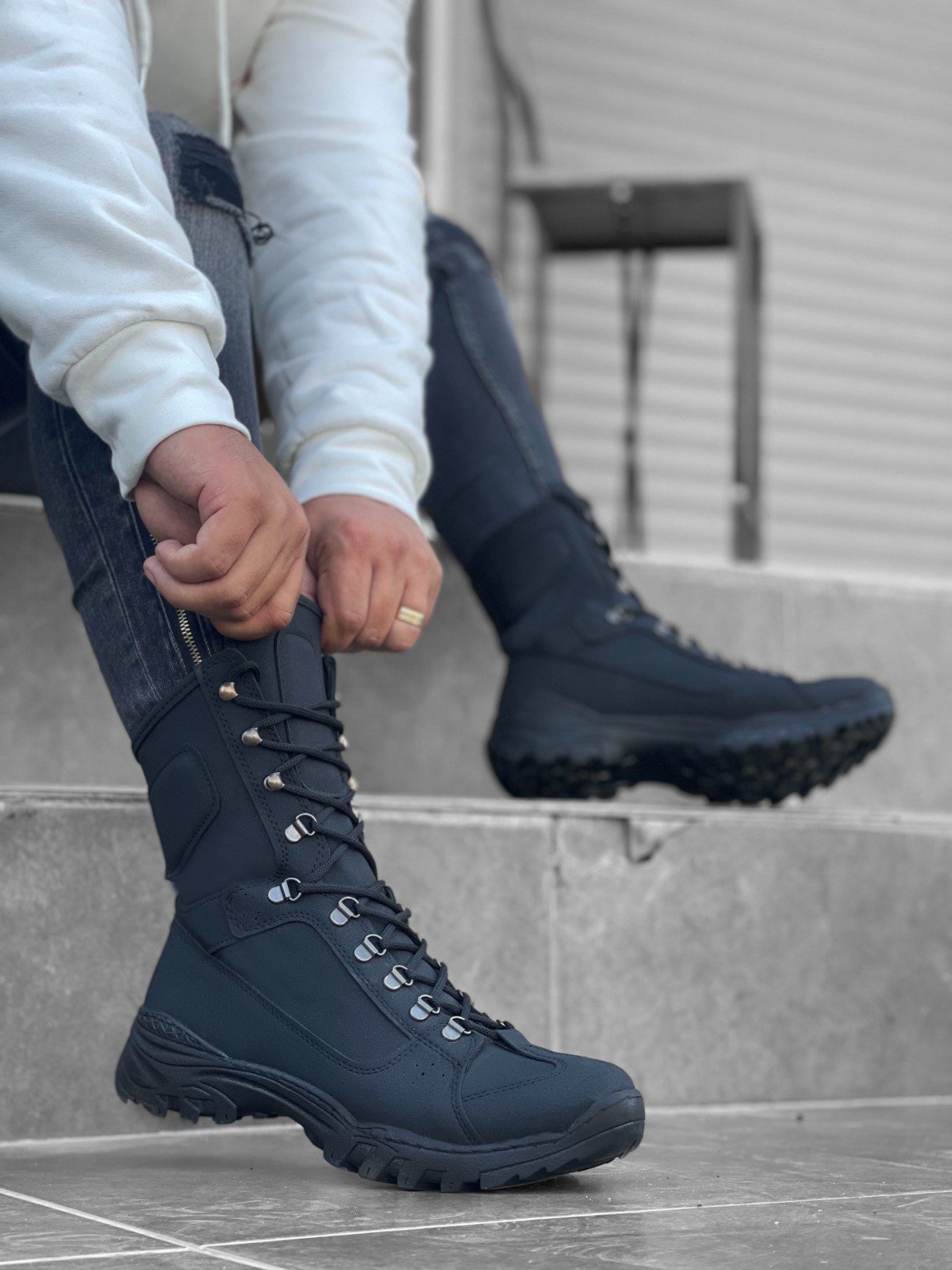 Lace-up Black Nubuck Military Boots