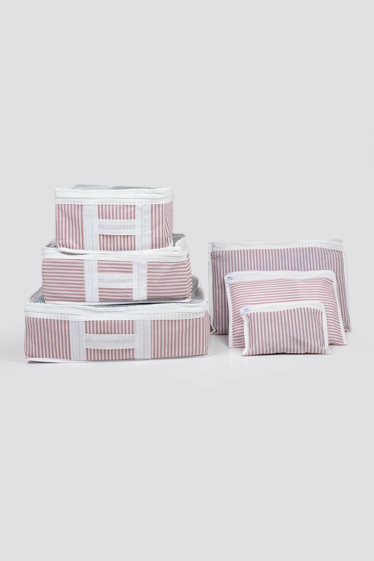 6 Piece Suitcase Organizer Set - Pink White Striped