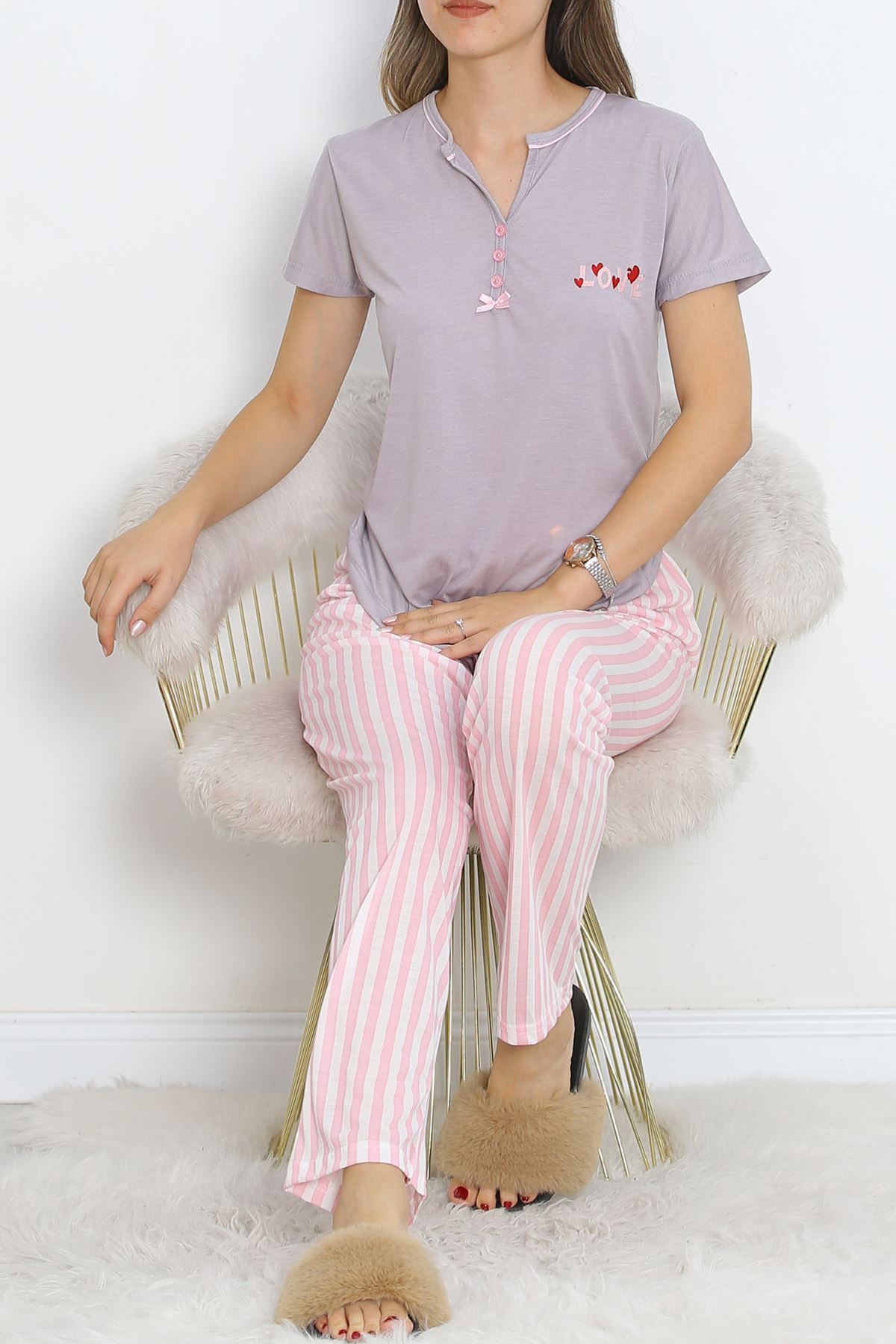 Pear Collar Short Sleeve Pajama Set with Intermediate Piping Pink