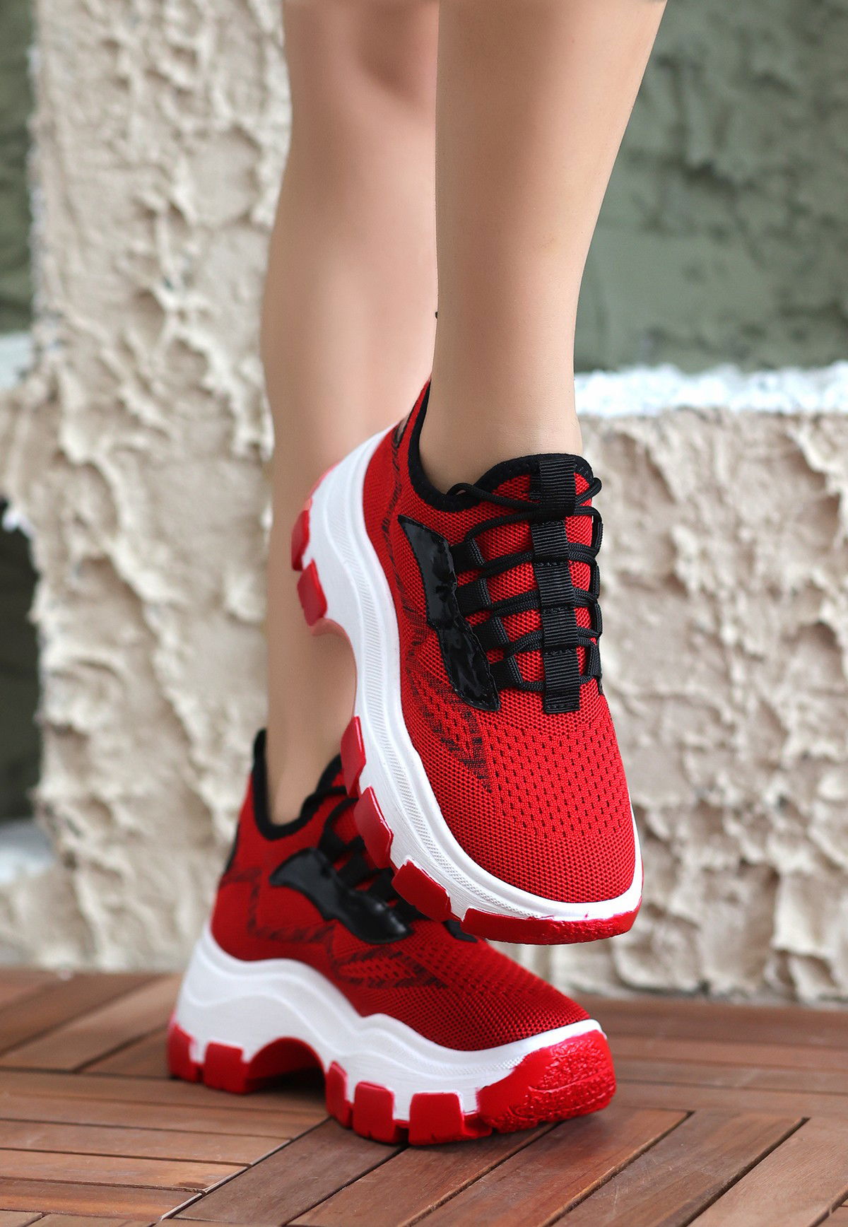 Red Tricot Lace-Up Sneakers