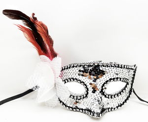 Silver Color Side Feathered Rose Silver Stone Sequin Mask 20x22 cm