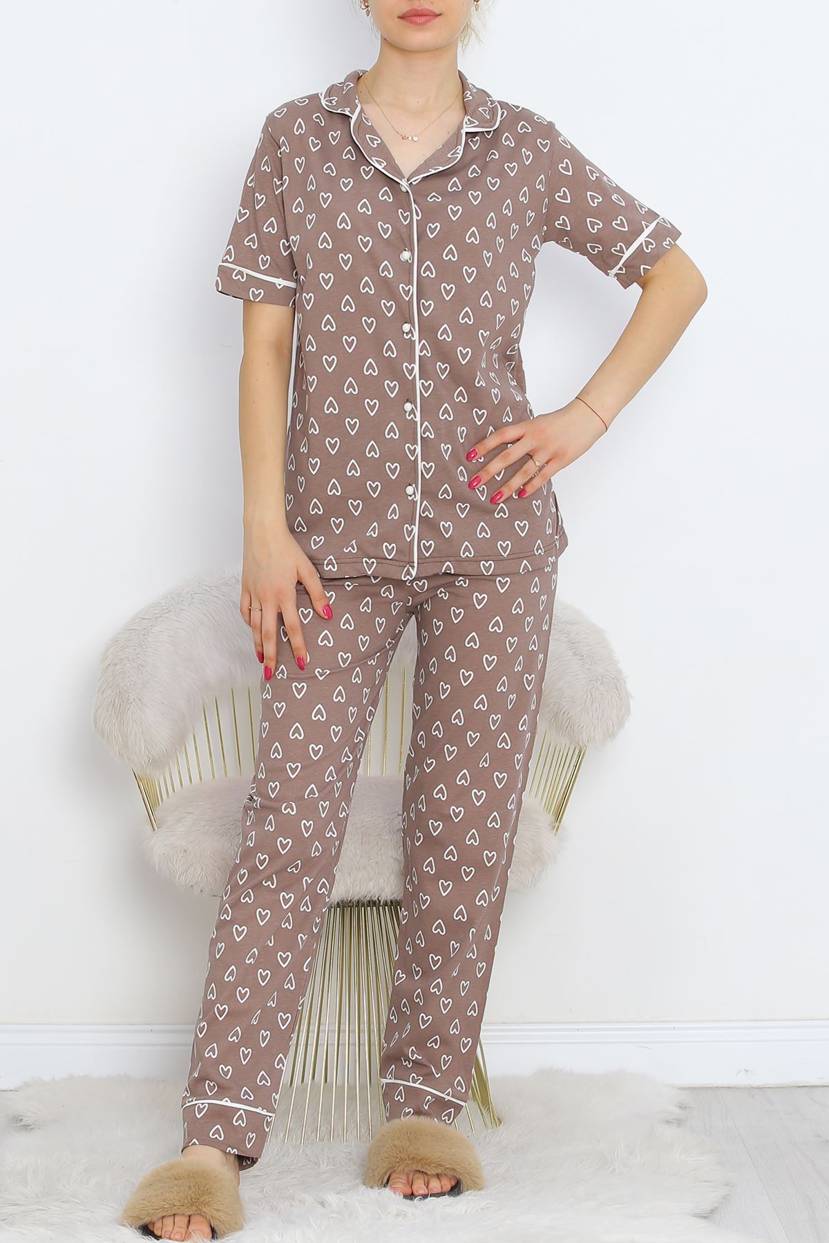 Button Pajama Set Brown-White