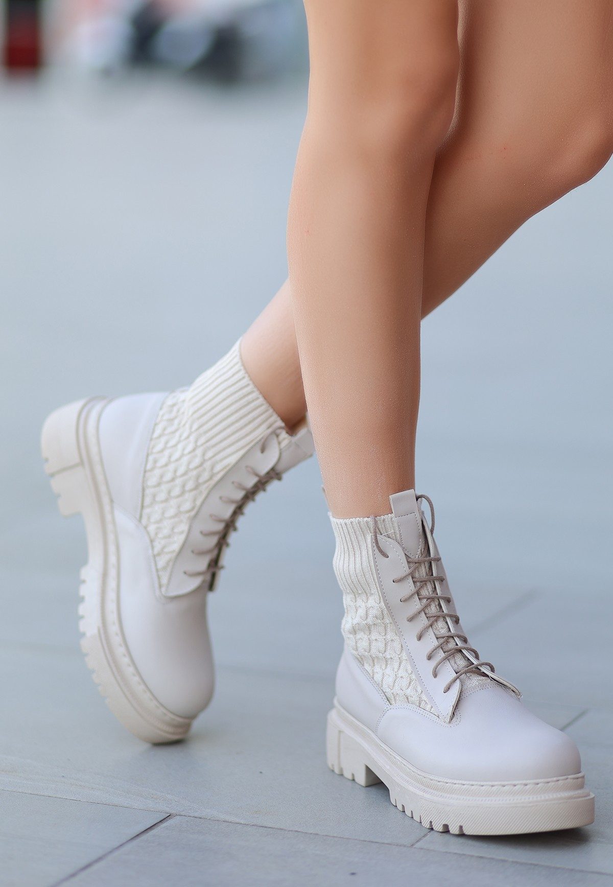 Beige Skin Lace-up Boots