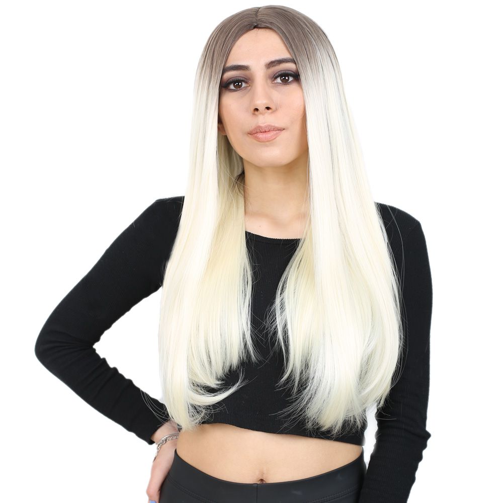 Kanekalon Fiber Synthetic Long Straight Wig / Ashy Light Brown / Platinum Ombré