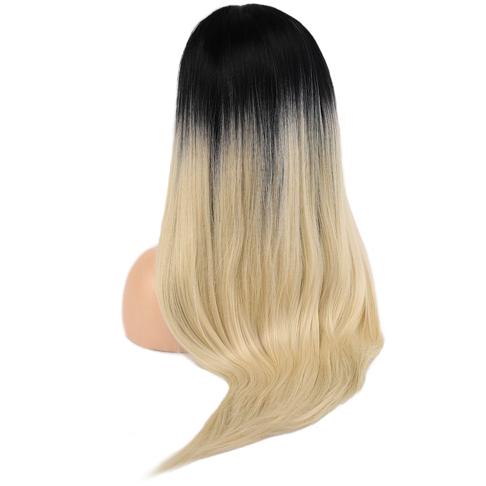 Kanekalon Fiber Synthetic Straight Long Tulle Wig / Black Platinum Medium Ombré