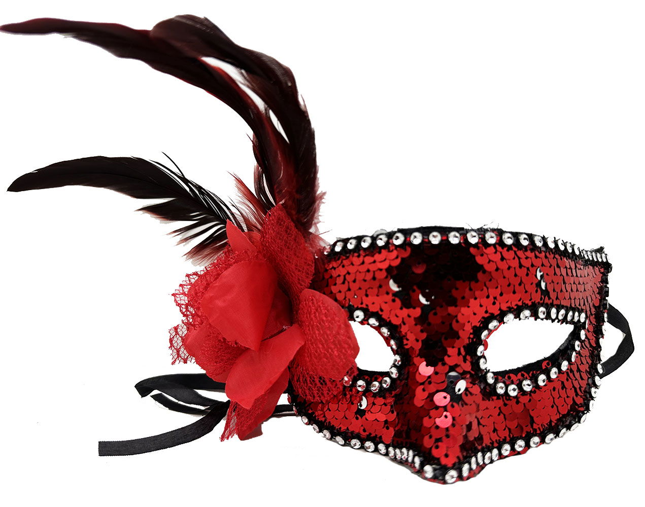 Red Color Side Feathered Rose Silver Stone Sequin Mask 20x22 cm