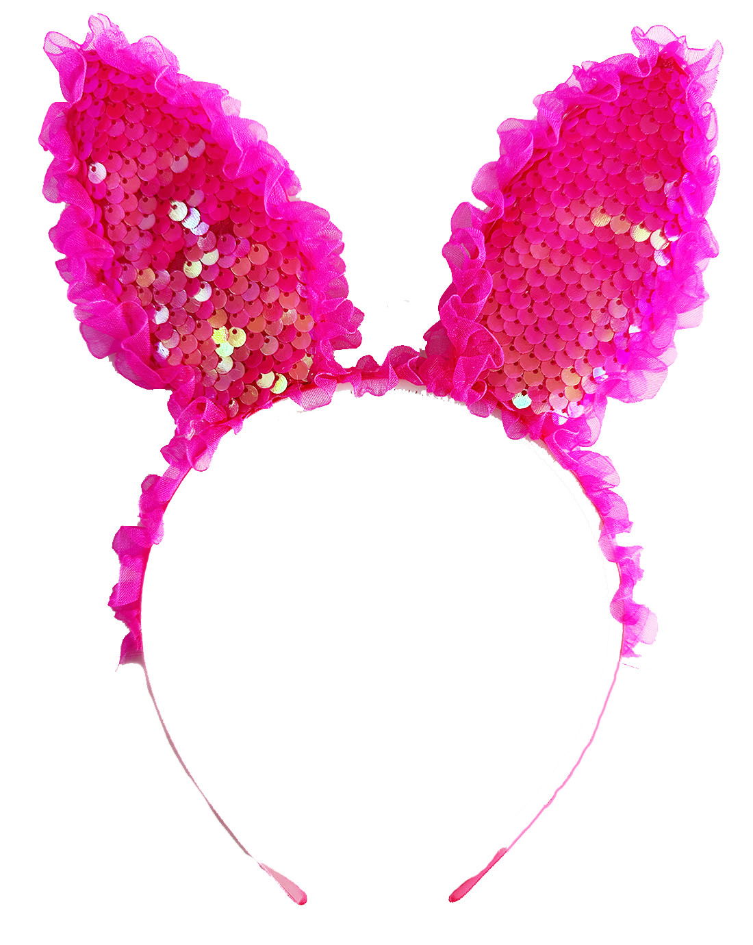 Fuchsia Sequin Sequined Led Lighted Rabbit Ear Crown with Lace Edges 23x19 cm