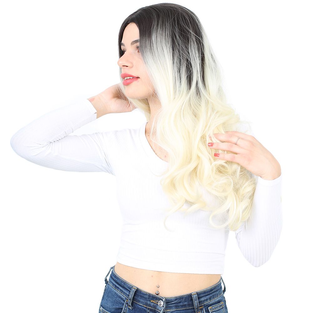 Super Dense Wavy Kanekalon Fiber Synthetic Long Bangs Wig / Ashy Black / Platinum Ombré