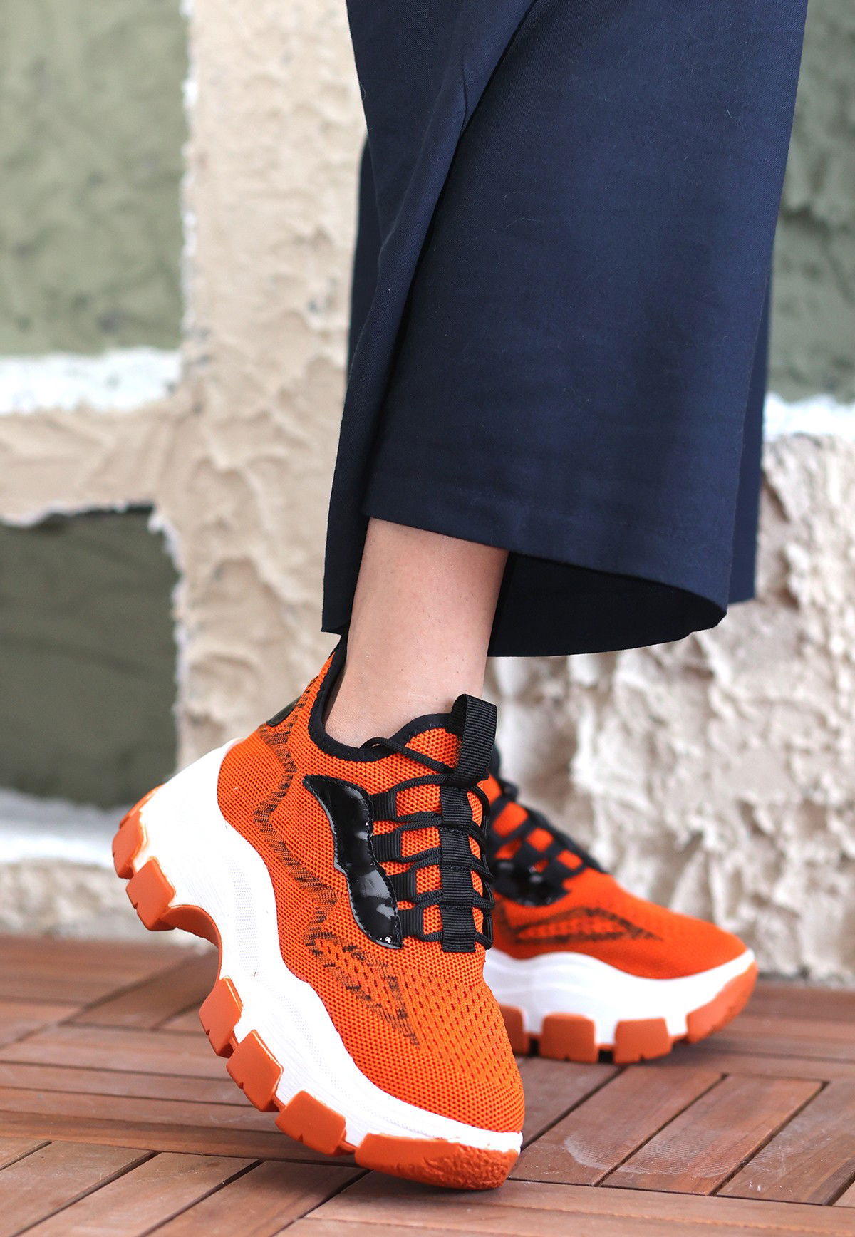 Orange Tricot Lace-up Sneakers