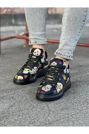 Black Patterned Skull Painted Men's Casual Shoes