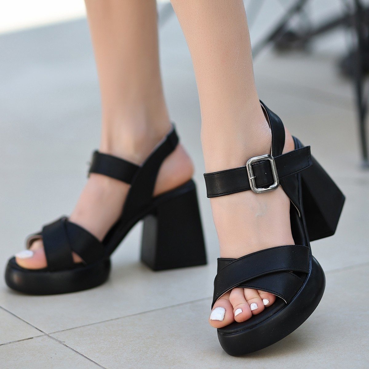 Jaina Black Skin Heeled Sandals