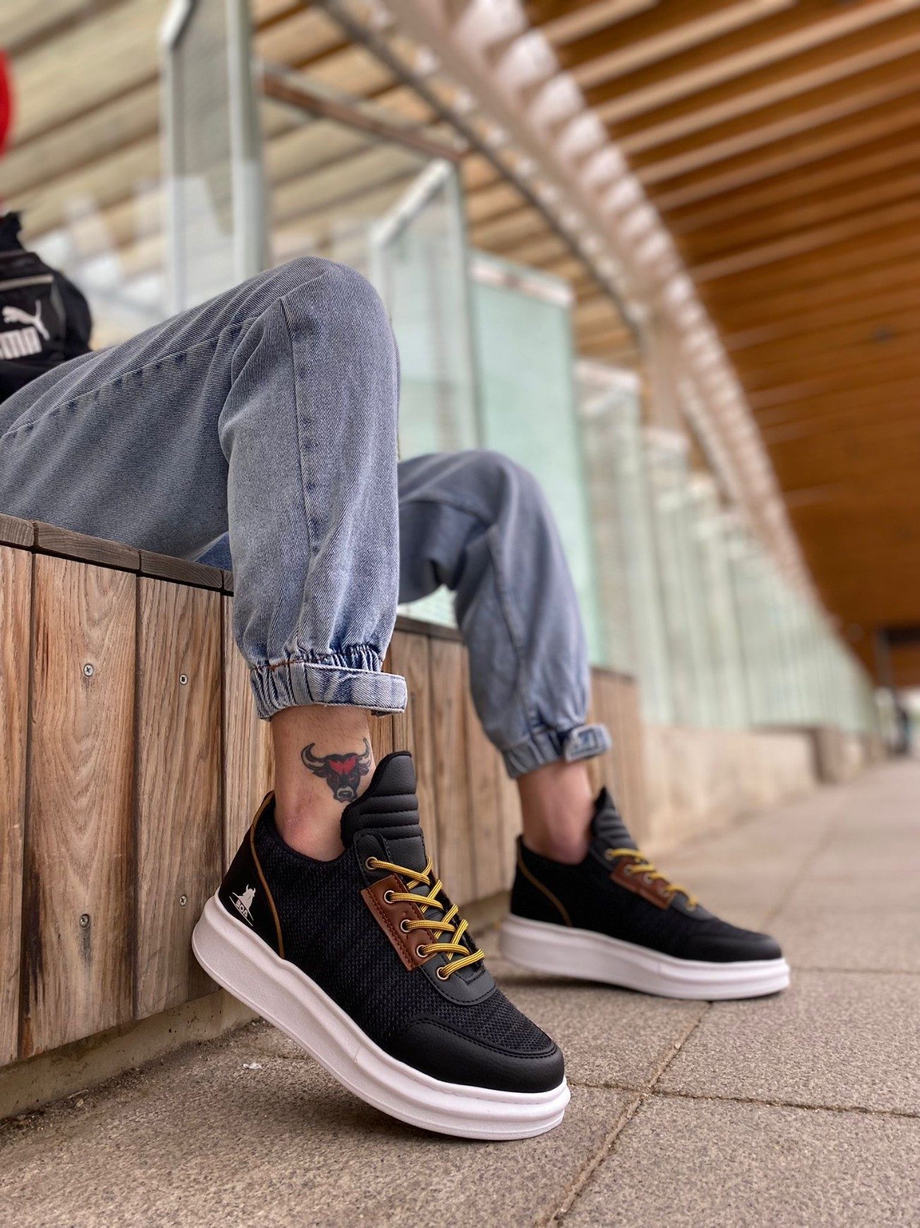 Lace-up Comfortable High Sole Black Patterned Casual Men's Sneakers