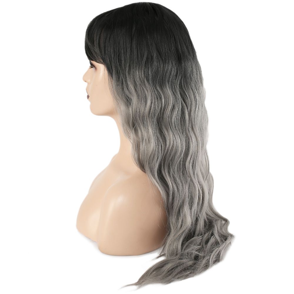 Kanekalon Fiber Synthetic Wig / Black / Gray Ombré with Long Water Wavy Look with Custom Bangs