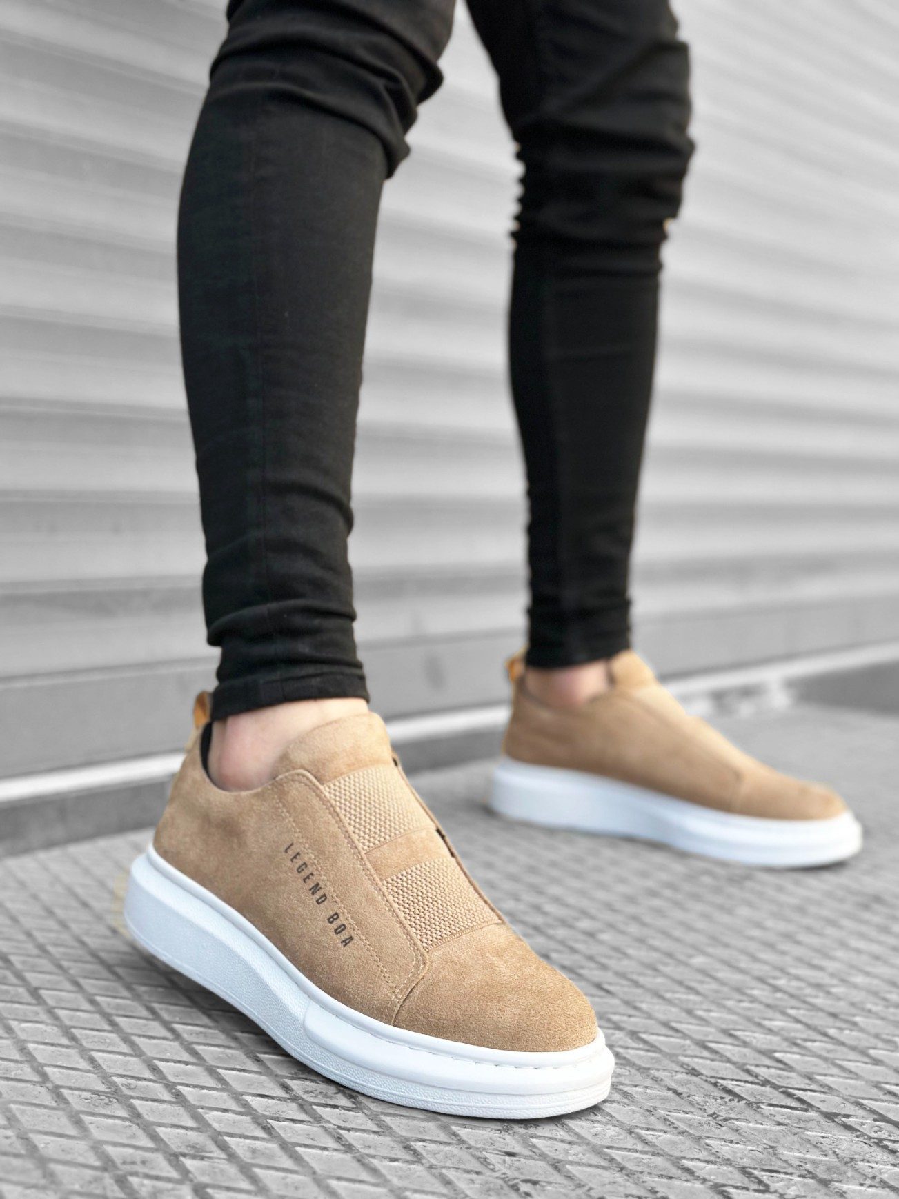 Thick Suede High Sole Double Band Cream Men's Shoes