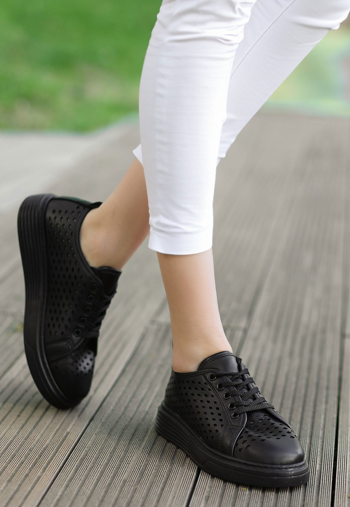 Black Skin Lace-Up Sneakers