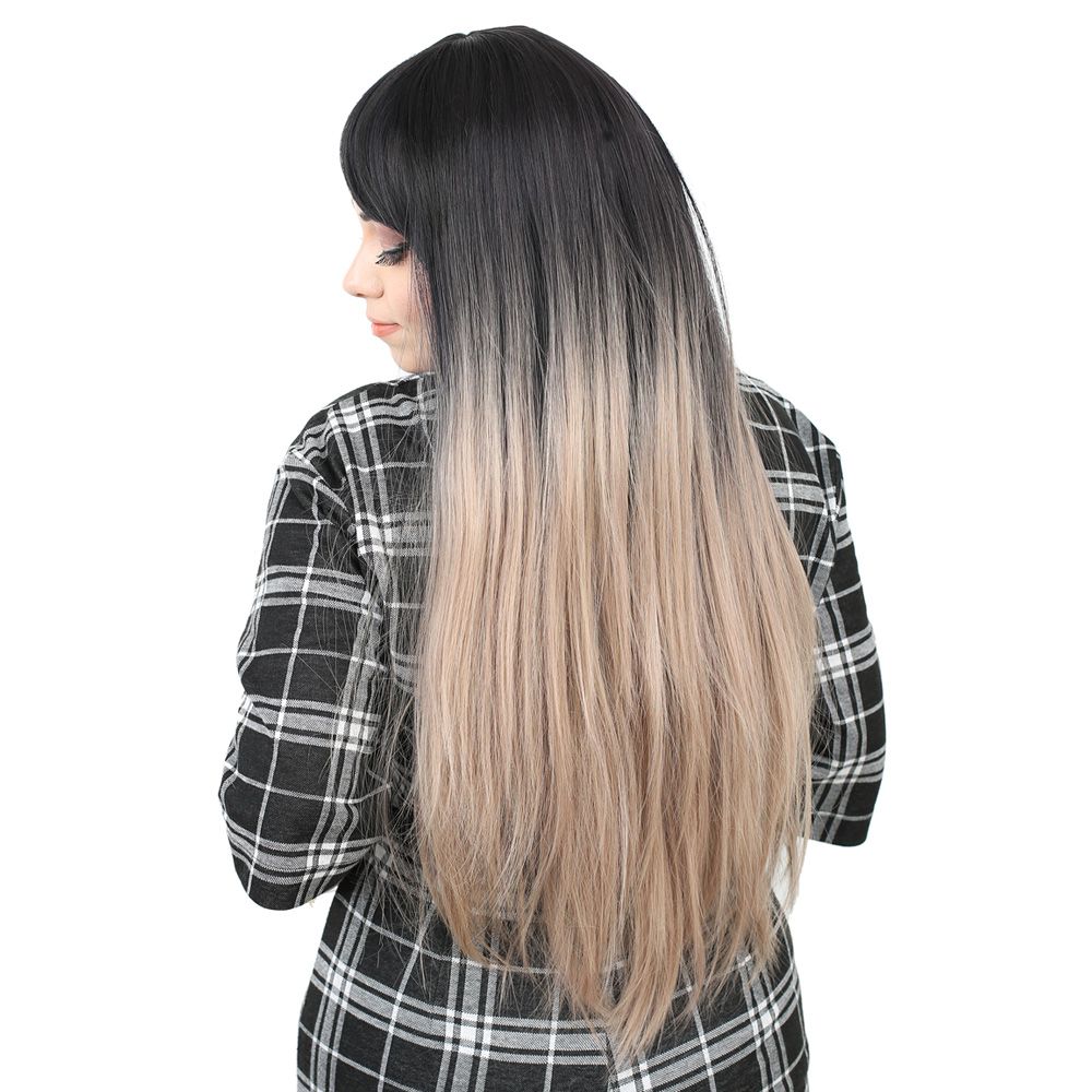 Kanekalon Fiber Synthetic Long Straight Bangs Wig / Black / Ashy Baby Yellow Ombré