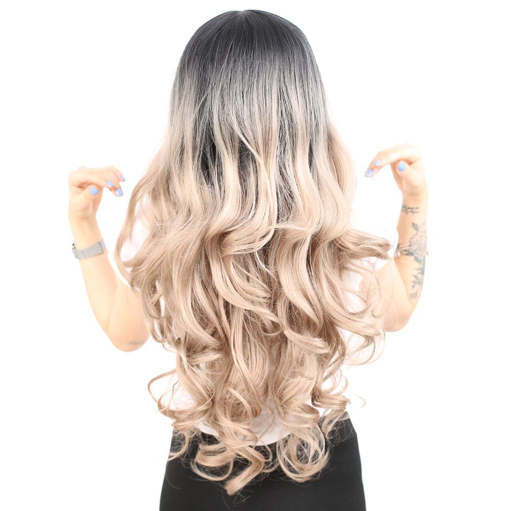 Super Dense Wavy Kanekalon Fiber Synthetic Long Bangs Toupee / Black / Ashy Baby Yellow Ombré