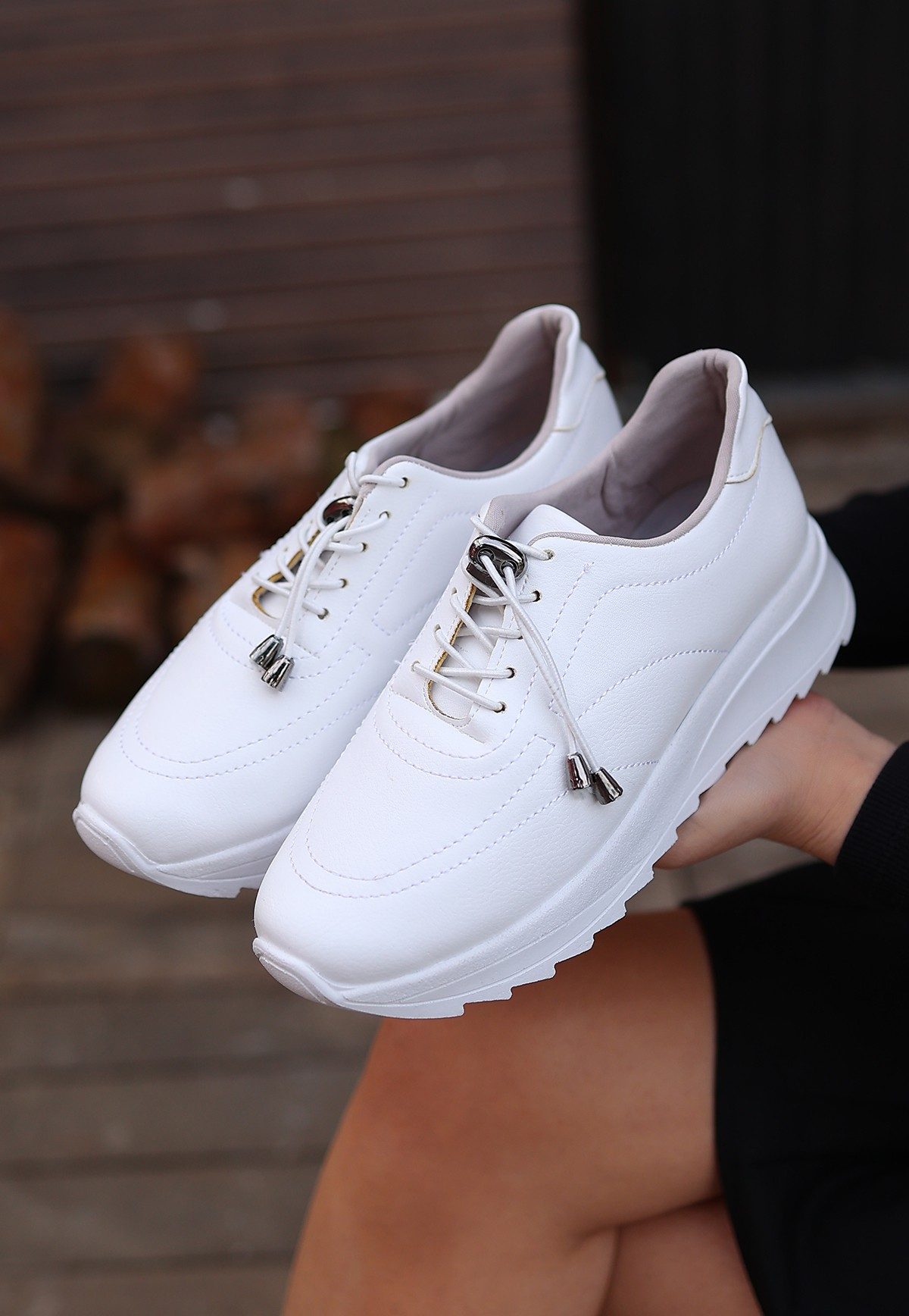 White Skin Lace-Up Sneakers