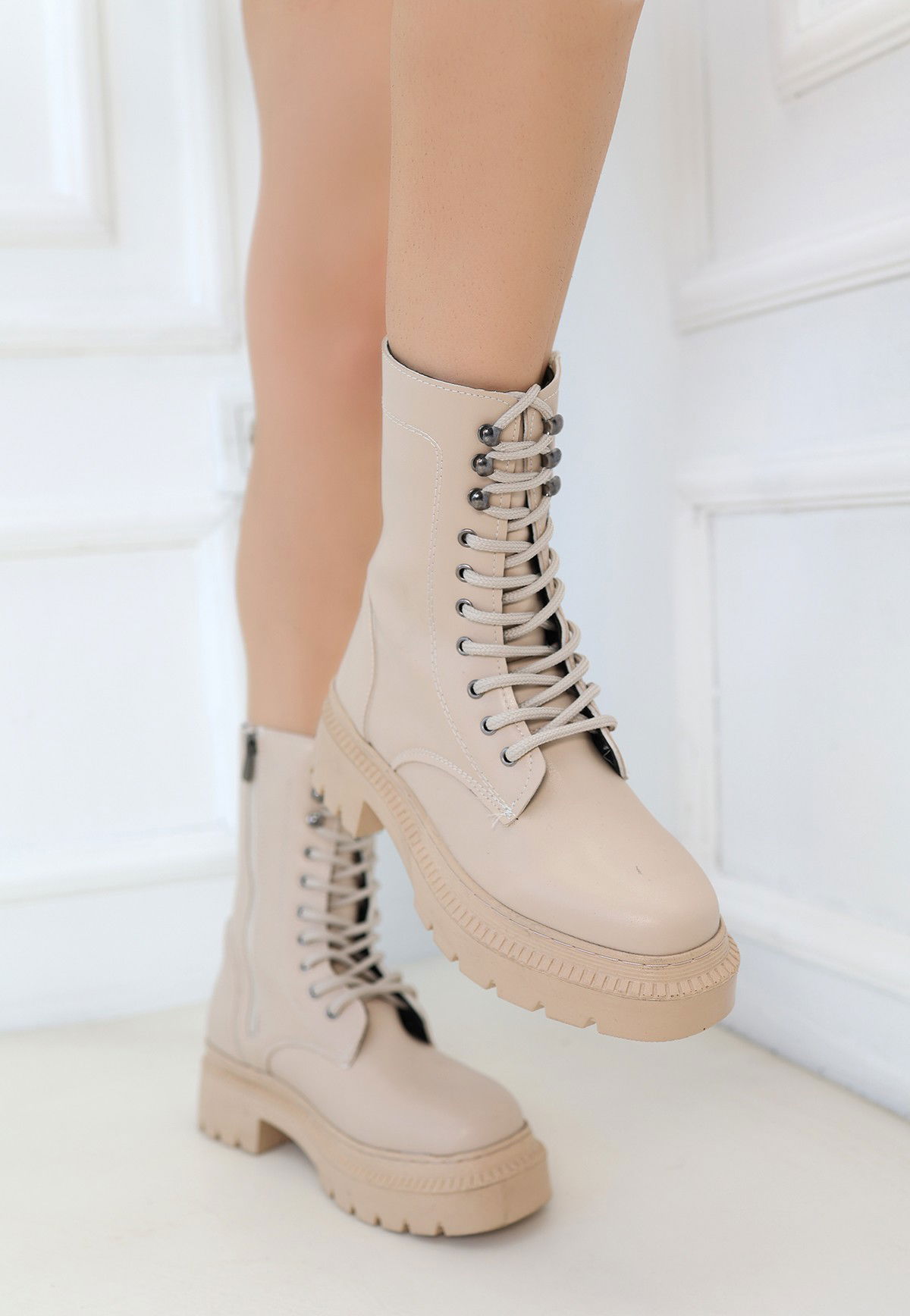 Nude Skin Lace-up Boots