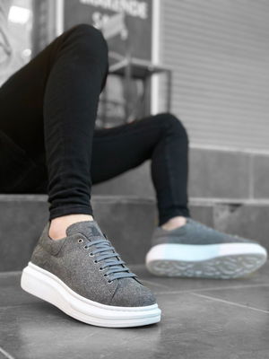 Thick High Sole Gray Suede Lace-Up Sneakers For Men