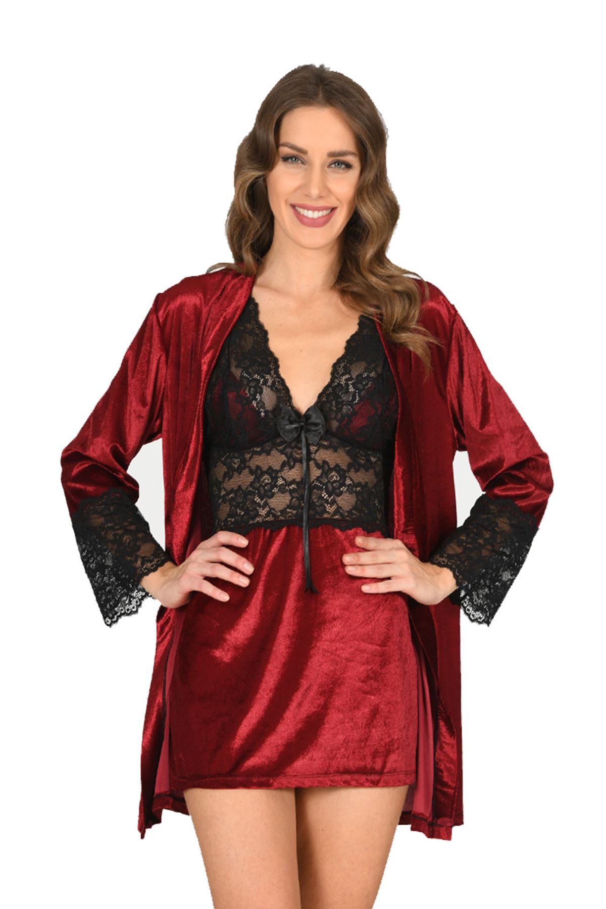 Burgundy Velvet Negligee & Nightdress Set 2' Li