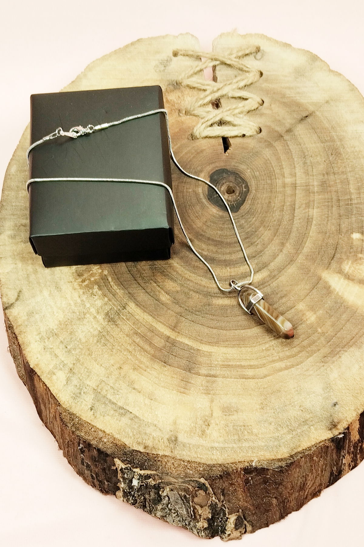 Brown Agate Natural Stone Chain Necklace with Handmade Design Pendant: 3.5 cm Chain: 20 cm Boxed