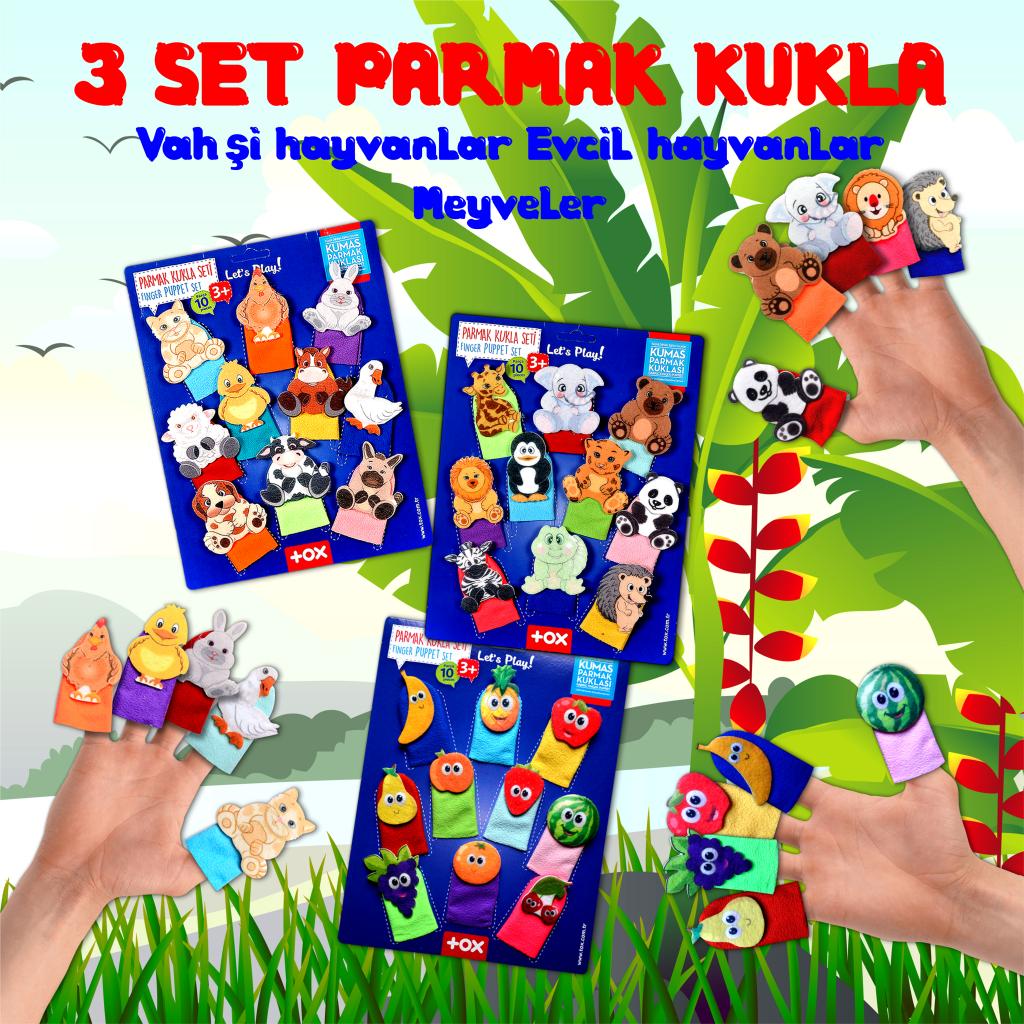 3 Set - 30 Pieces Pets, Wild Animals and Fruits Finger Puppet