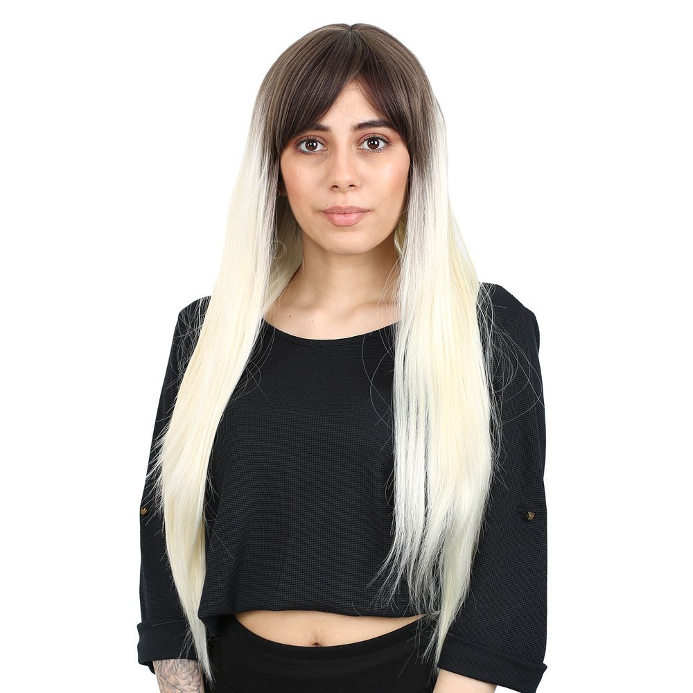 Kanekalon Fiber Synthetic Long Straight Bangs Wig / Ashy Light Brown / Platinum Ombré