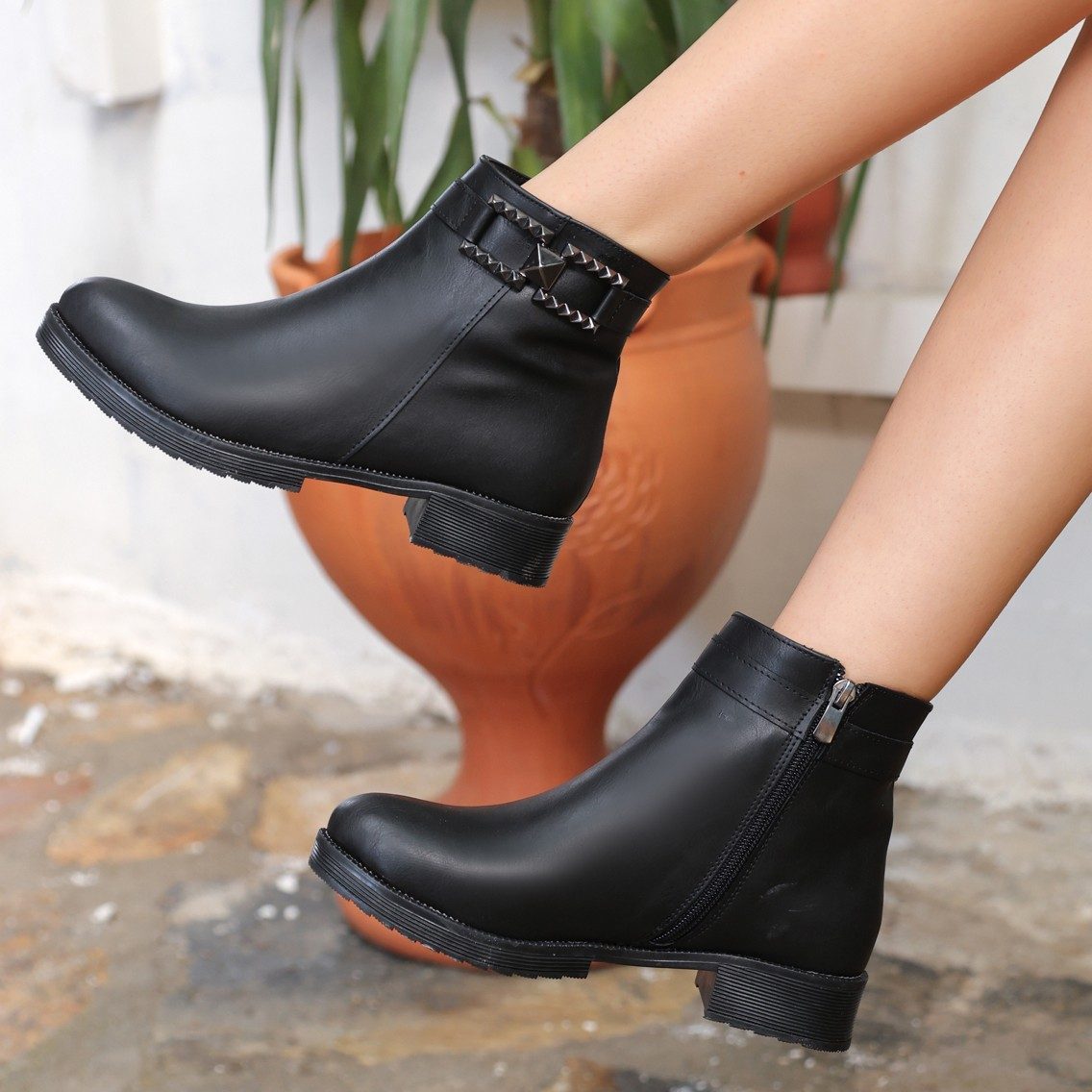 Black Skin Heeled Boots