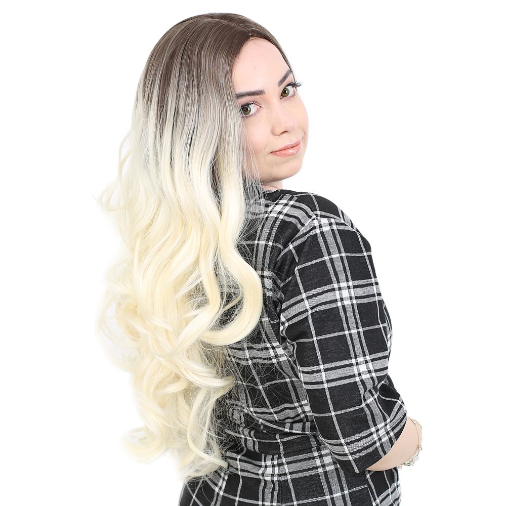 Super Dense Wavy Kanekalon Fiber Synthetic Long Bangs Wig / Ashy Light Brown / Platinum Ombré