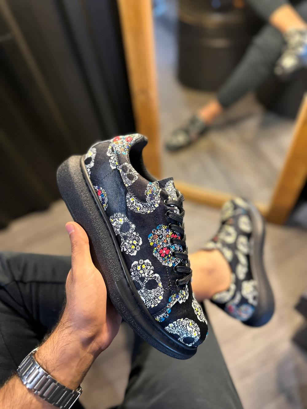 High Sole Colorful Printed Casual Shoes Black Skull